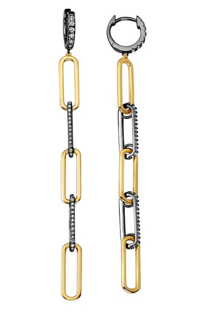 Crislu Two-tone Cubic Zirconia Paper Clip Chain Drop Earrings In Gold & Black Rhodium