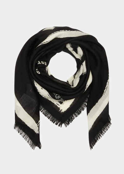 Alexander Mcqueen Graffiti-printed Frayed Edge Scarf In Black / Ivory