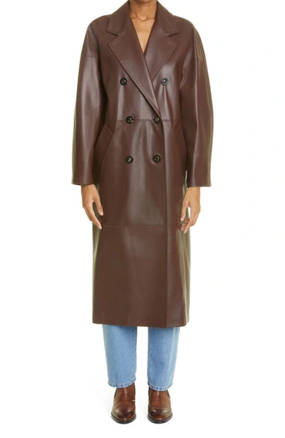 Max Mara Ussuri Double Breasted Leather Long Coat In Brown