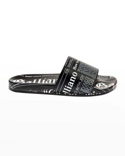 John Galliano Paris Men's Gazette-print Leather Pool Slides In Black