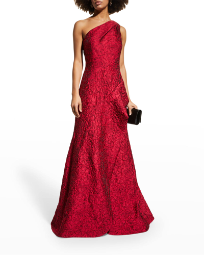 Rickie Freeman For Teri Jon One-shoulder A-line Jacquard Gown In Scarlet