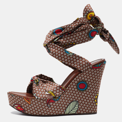 Pre-owned Sergio Rossi Multicolor Printed Satin Ankle-wrap Wedge Platform Sandals Size 40