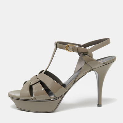 Pre-owned Saint Laurent Grey Patent Tribute Platform Sandals Size 41