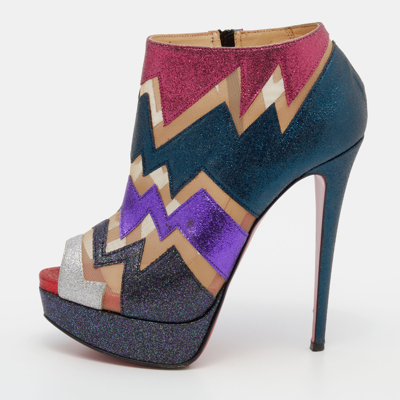 Pre-owned Christian Louboutin Multicolor Glitter And Mesh Ziggy Peep-toe Ankle Booties Size37.5