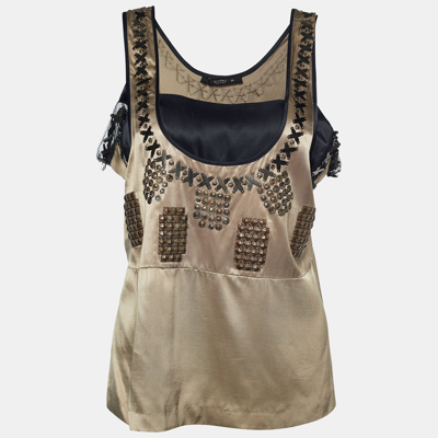 Pre-owned Etro Beige Satin Embellished Sleeveless Top M