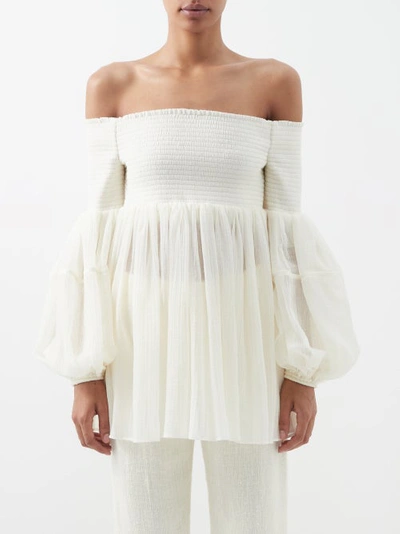 Chloé Off-the-shoulder Shirred Wool-crepon Top In White