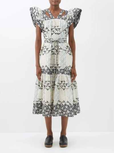 Sea Clemence Belted Cutout Patchwork Cotton-voile Midi Dress In Multi