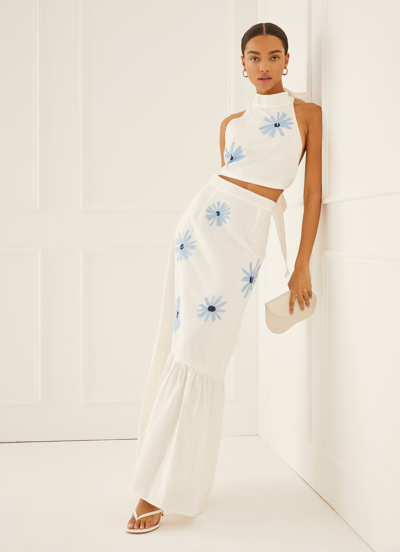 Something Navy Embroidered Tiered Maxi Skirt In White Combo