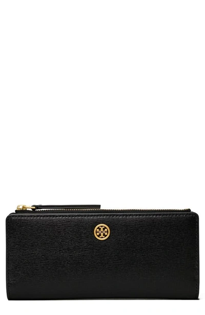Tory Burch Robinson Pebbled Leather Zip Slim Wallet In Black