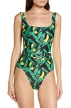 Ganni Banana Tree Recycled Print Swimsuit Banana Tree Black In Banana Tree Black