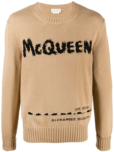 Alexander Mcqueen Neutral Graffiti Logo Organic Cotton Sweater In Brown