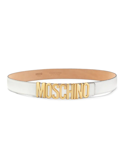 Moschino Logo Leather Belt In White