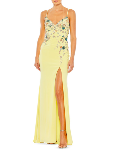 Mac Duggal Floral Beaded Sheath Gown In Buttercup