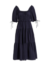 En Saison Poplin Puff-sleeve Tiered Midi Dress In Navy