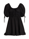 En Saison Danielle Smocked Puff-sleeve Cotton Minidress In Black