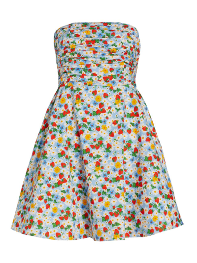 Hvn Karla Strapless Ruched Printed Cotton-blend Poplin Mini Dress In Strawberry Daisy