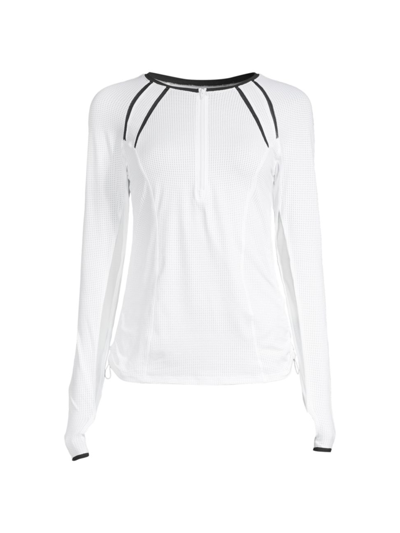 Lucky In Love Waffle Knit Zip-front Top In White Black