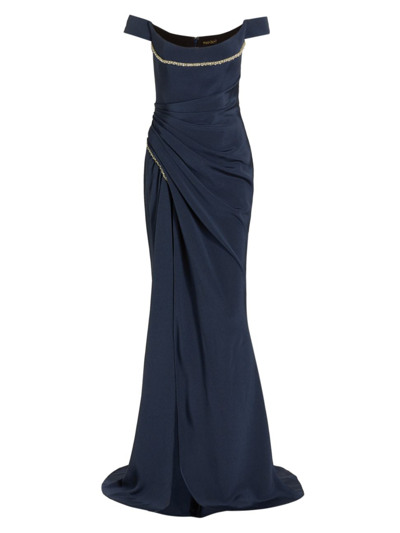 Reem Acra Crystal Draped Thigh-slit Gown In Navy