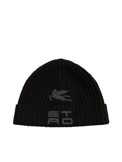Etro Logo-embroidered Ribbed-knit Beanie In Black