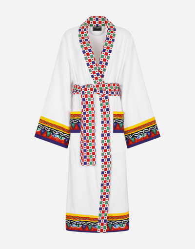 Dolce & Gabbana Carretto Siciliano Printed Trim Bathrobe In Multicolor