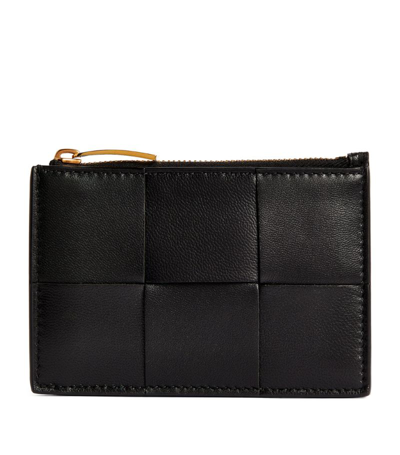 Bottega Veneta Leather Intreccio Card Holder In Black,gold