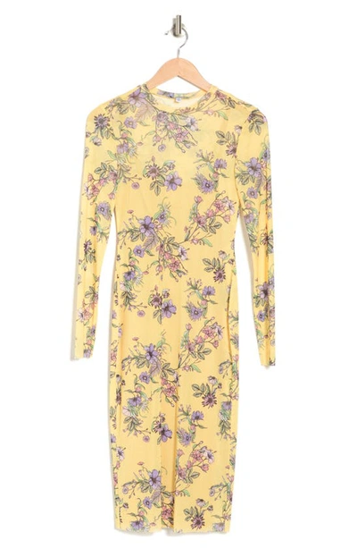 Afrm Loah Long Sleeve Mesh Midi Dress In Yellow Garden