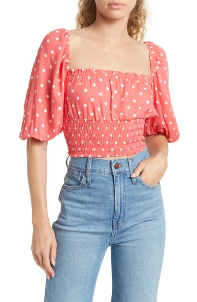 Afrm Waverly Smocked Crop Top In Coral Polka Dot