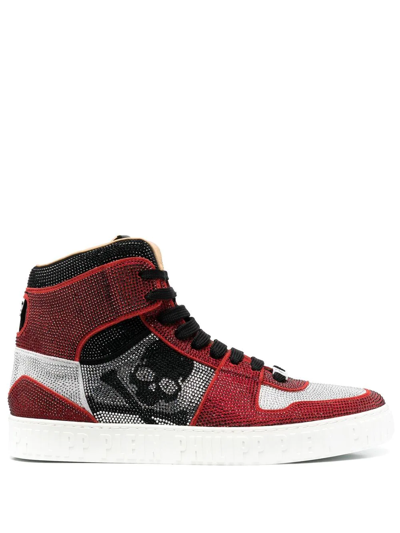 Philipp Plein Strass Crystal-embellished Hi-top Sneakers In Red