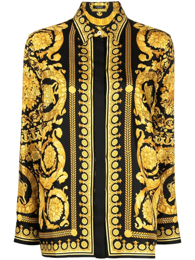 Versace Barocco-print Long-sleeve Shirt In Nero