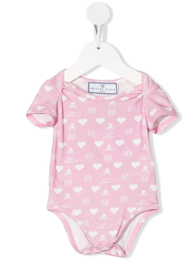 Philipp Plein Babies' Logo印花短袖连体衣 In Pink