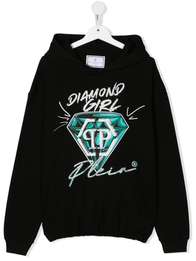 Philipp Plein Junior Kids' Diamond Logo-print Hoodie In Black