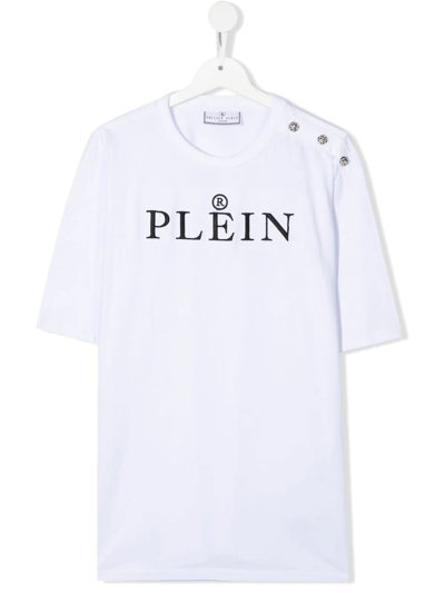Philipp Plein Junior Kids' Shoulder-button Chest-logo T-shirt In White