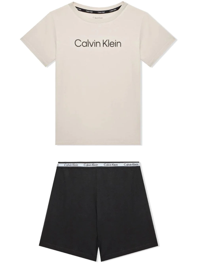 Calvin Klein Kids' Logo-print Cotton Pyjama Set In Neutrals