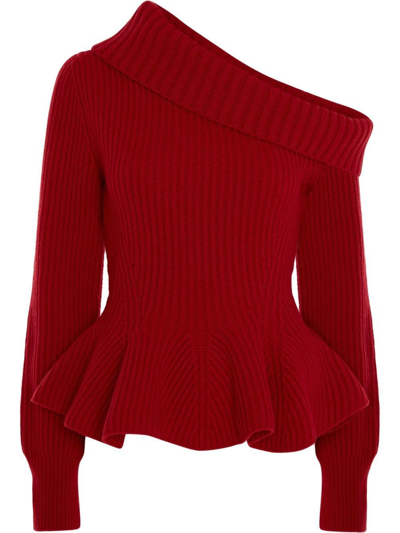 Alexander Mcqueen One-shoulder Ribbed Wool And Cashmere-blend Peplum Sweater In Red