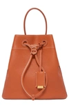 Burberry Small Tb Grainy Leather Drawstring Bucket Bag In Warm Russet