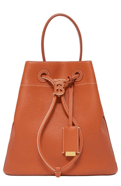 Burberry Small Tb Grainy Leather Drawstring Bucket Bag In Warm Russet