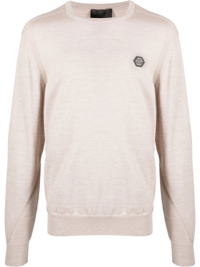 Philipp Plein Logo Patch Merino Wool Jumper In Neutrals