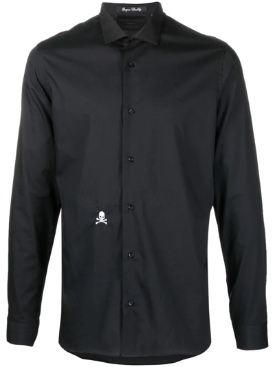 Philipp Plein Embroidered Skull Cotton Shirt In Black