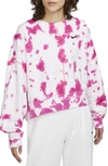 Nike Women's  Sportswear Oversized Fleece Tie-dye Crew Sweatshirt In Active Pink/ Siren Red/ Black