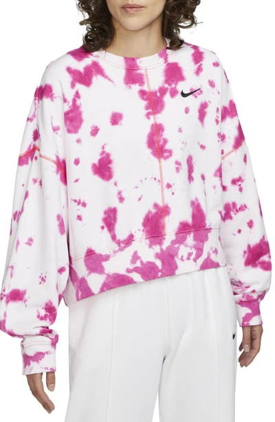 Nike Women's  Sportswear Oversized Fleece Tie-dye Crew Sweatshirt In Active Pink/ Siren Red/ Black