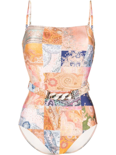 Zimmermann Patchwork Belted Swimsuit In Multicolour
