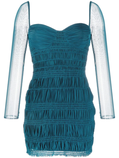 Self-portrait Gathered-detail Long-sleeve Dress In Azure