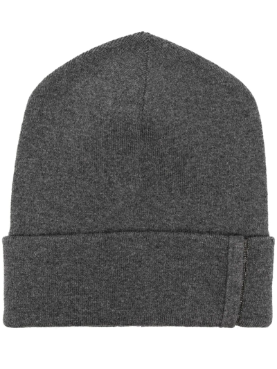 Brunello Cucinelli Beanie Folded Cuff Ribbed Texture Hat In Gray