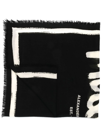 Alexander Mcqueen Logo Print Wool Scarf In Black