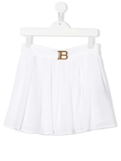 Balmain Teen Logo-plaque Pleated Silk Skirt In Bianco