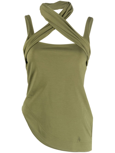 Attico Yuri Asymmetric Cutout Stretch-jersey Halterneck Top In Green