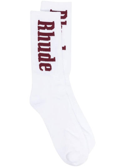 Rhude Logo-intarsia Crew Socks In White