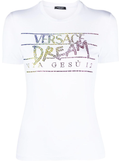 Versace Rhinestone-embellished Slogan T-shirt In Bianco
