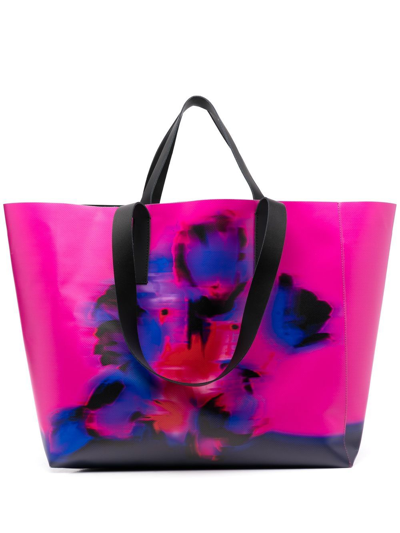 Dries Van Noten Blurry Floral-print Pvc And Leather Tote Bag In Violet