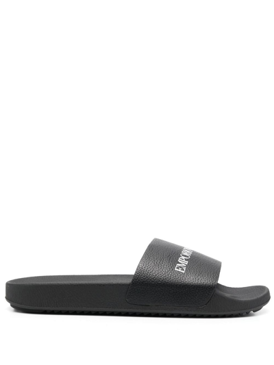 Emporio Armani Hammered Leather Sliders With Logo In Black